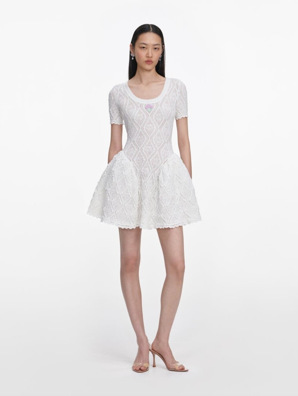 Self Portrait White Pointelle Knit Flared Mini Dress
